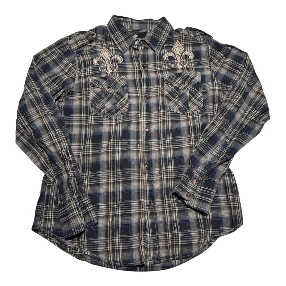 Y2K Pop Icon Clothing Grunge Pearl Snap Plaid Casual Long Sleeve‎ Shirt Men's M